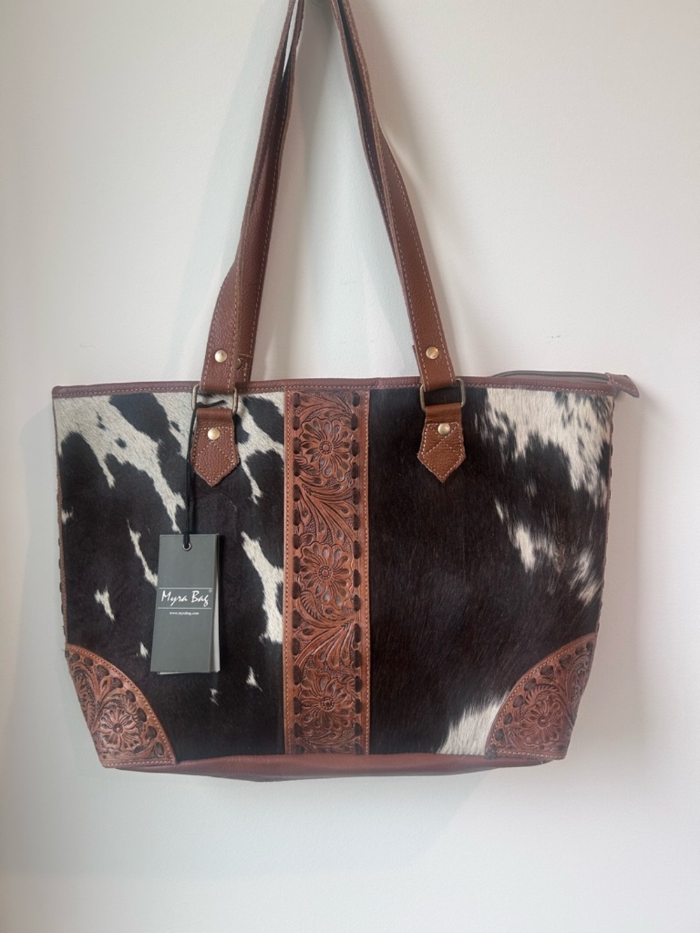 Myra Bag DelRio Western Cowhide and Brown Leather Hand-Tooled Bag with Stitching